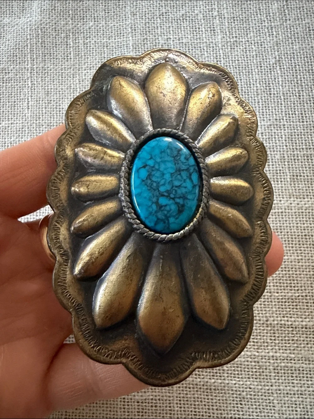 Turquoise Accent Brass Floral Belt Buckle